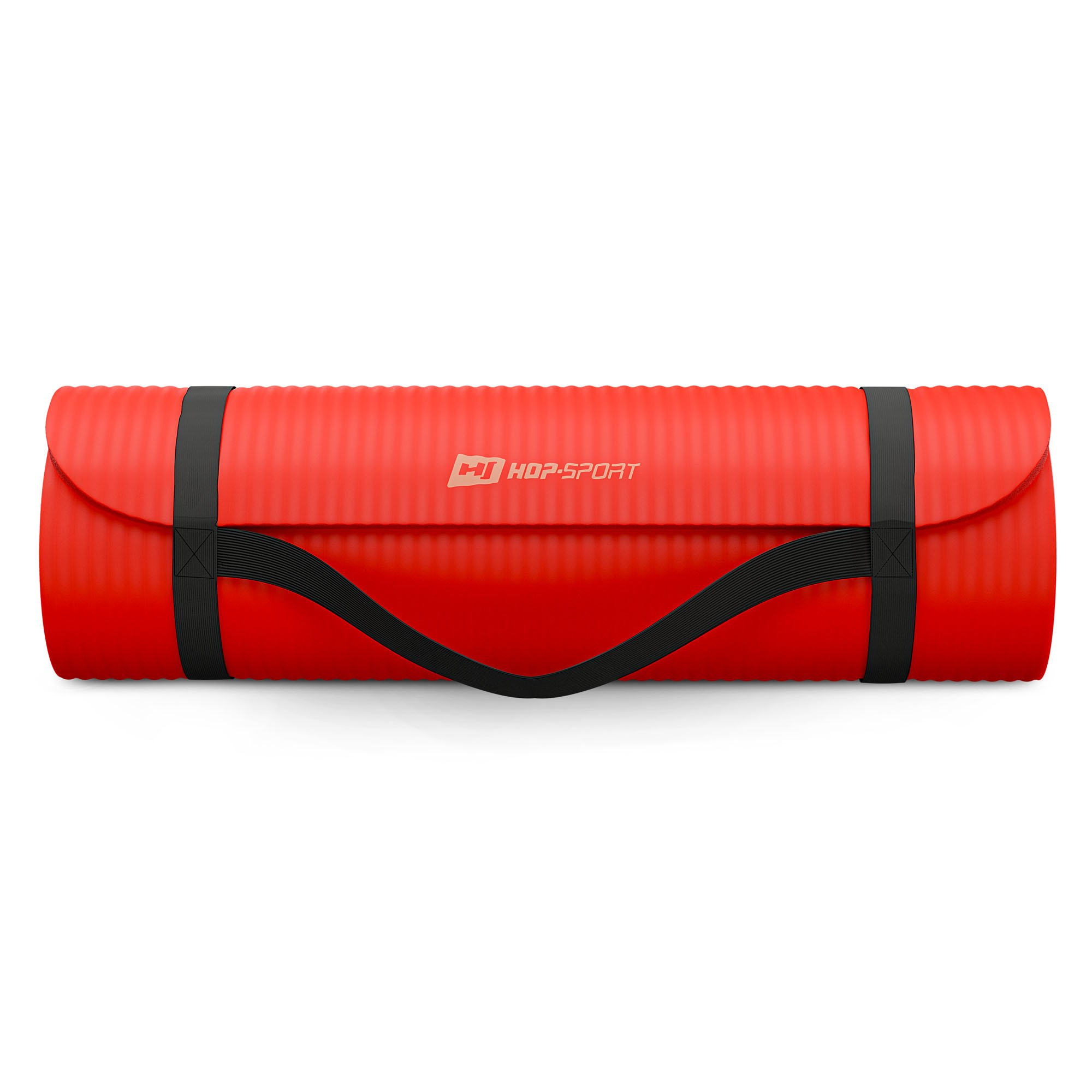 Eine rote Fitnessmatte gerollt mit schwarzen Gurten und Hop-Sport-Logo auf weißem Hintergrund.