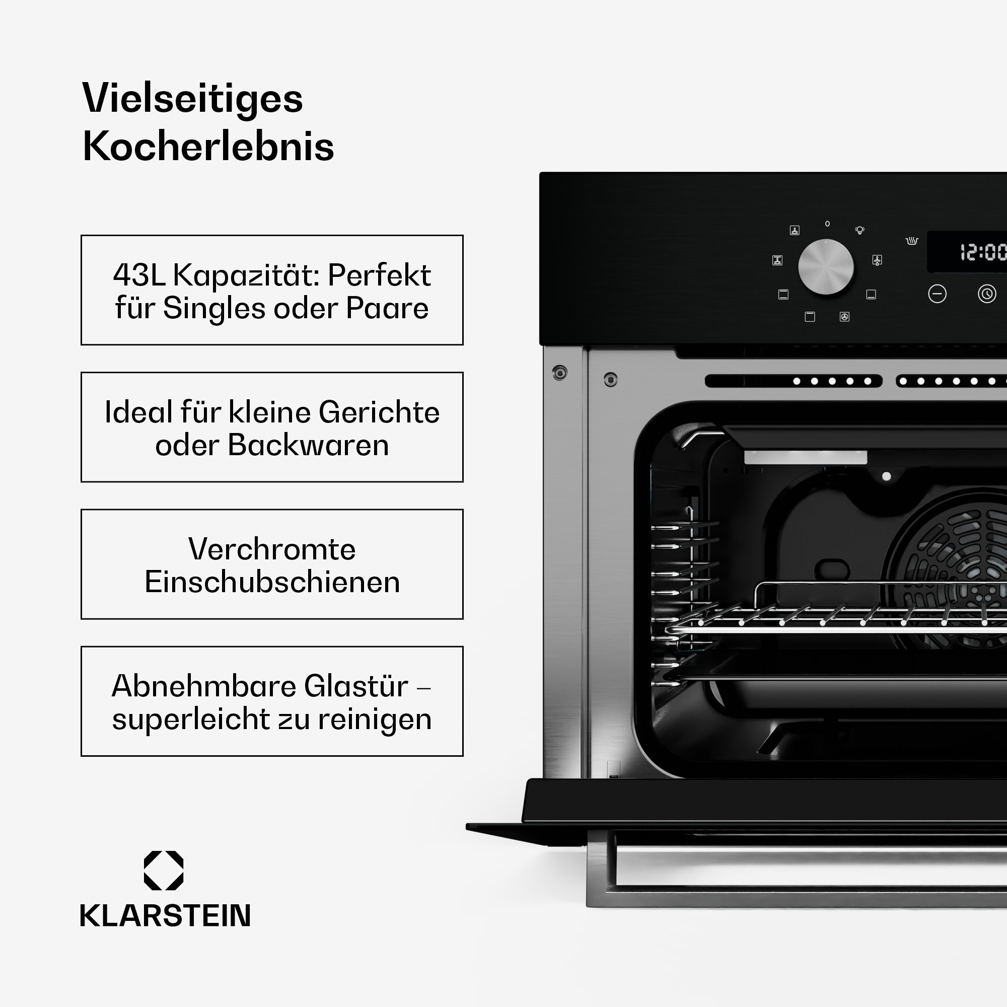 Klarstein Einbauofen mit offenen Tür und Textfeldern mit Produkteigenschaften.