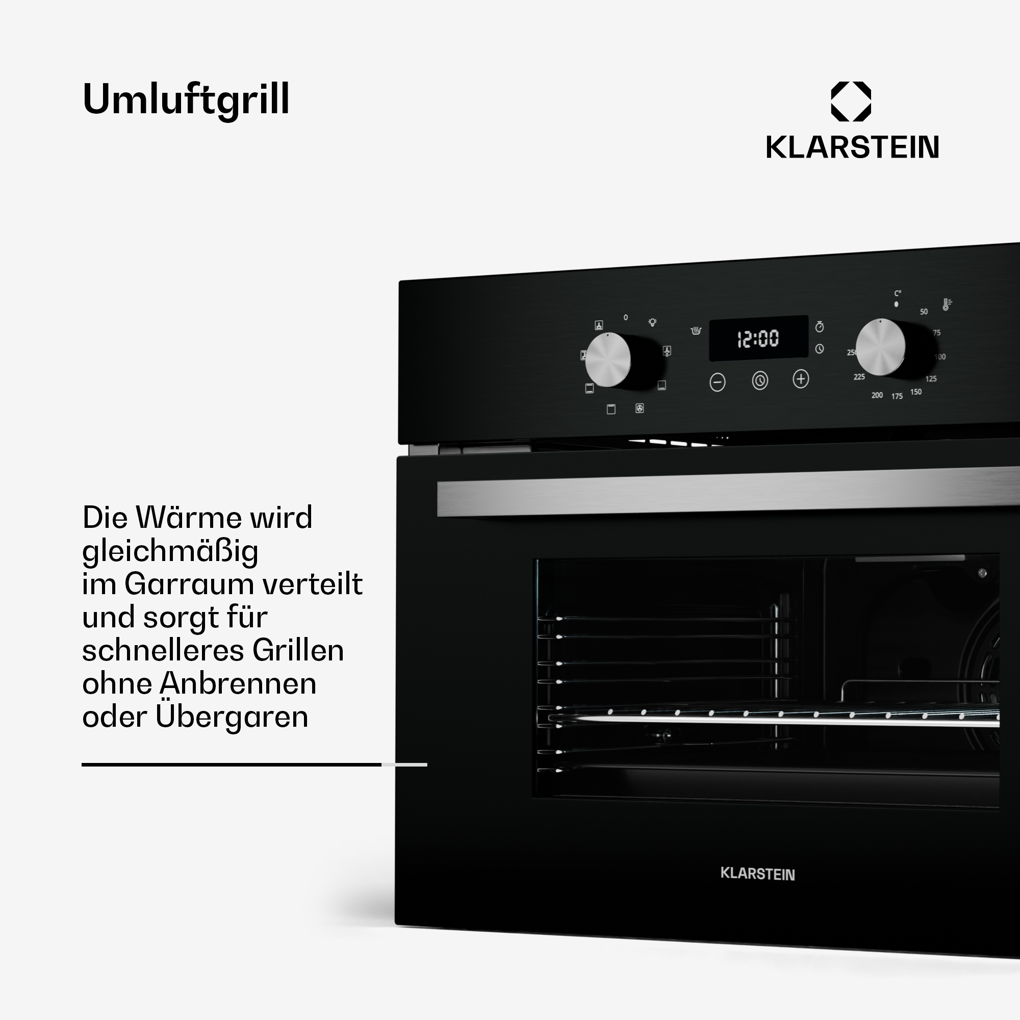 Schwarzer Klarstein Einbauofen mit digitaler Anzeige, Edelstahlknöpfen und Umluftgrill-Funktion.