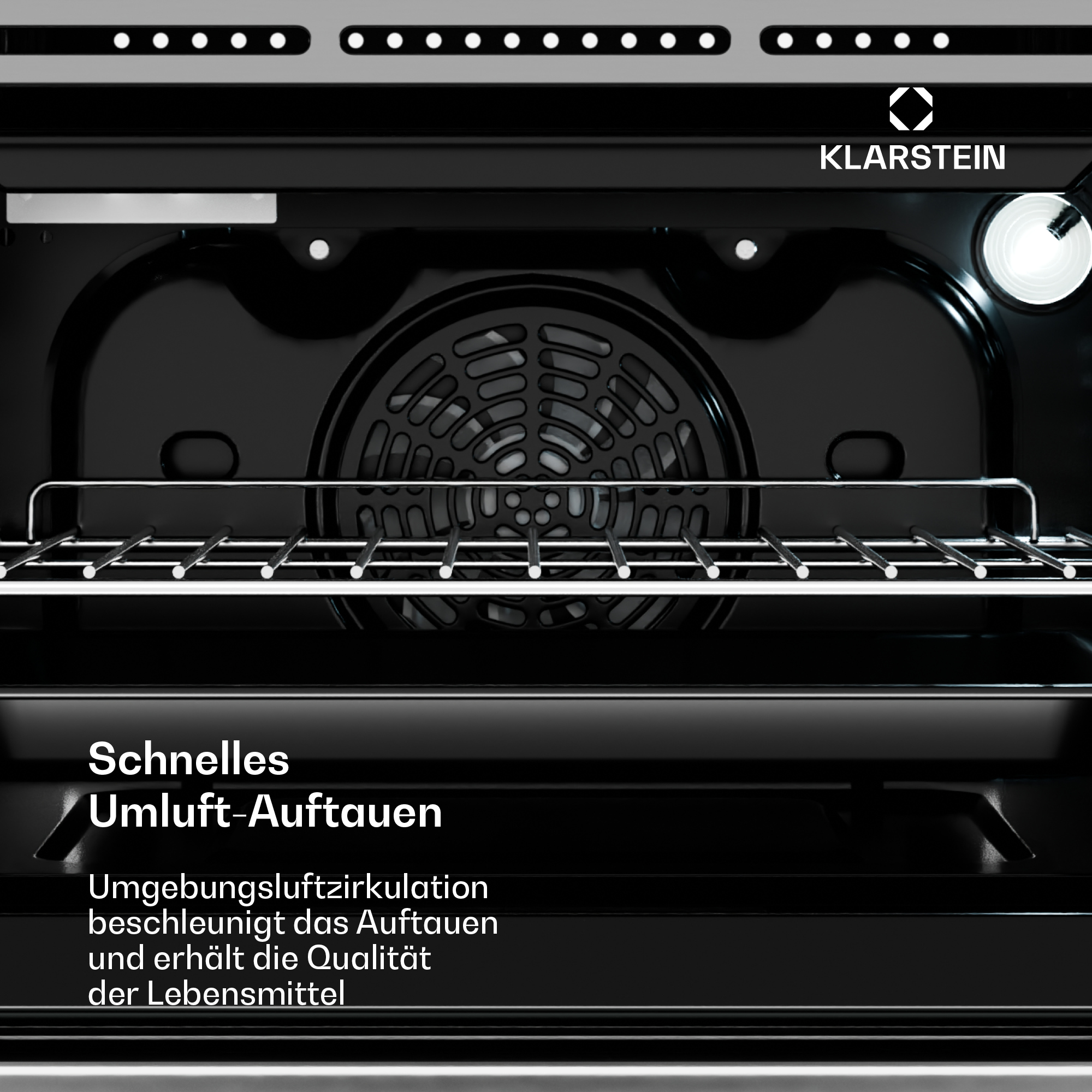 Inneleuchtender Klarstein-Ofen mit Rost, Umluftventilator und deutschem Text zu schneller Zirkulation.
