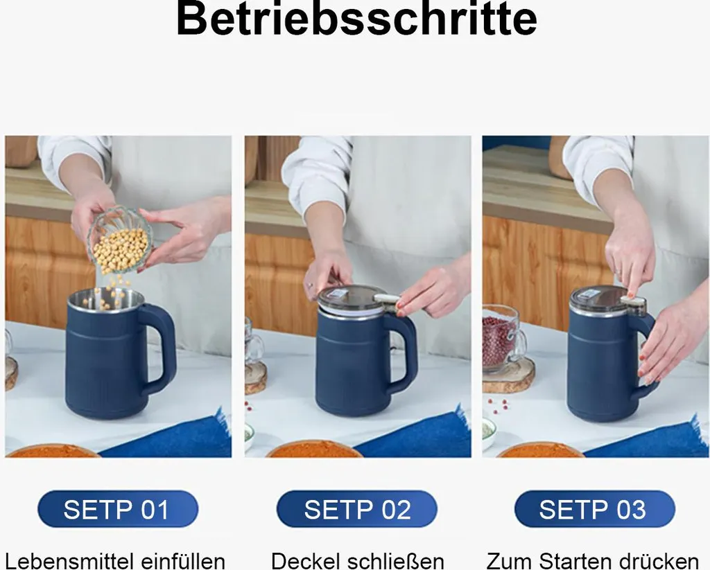 Drei Schritte: Lebensmittel einfüllen, Deckel schließen, zum Starten drücken.