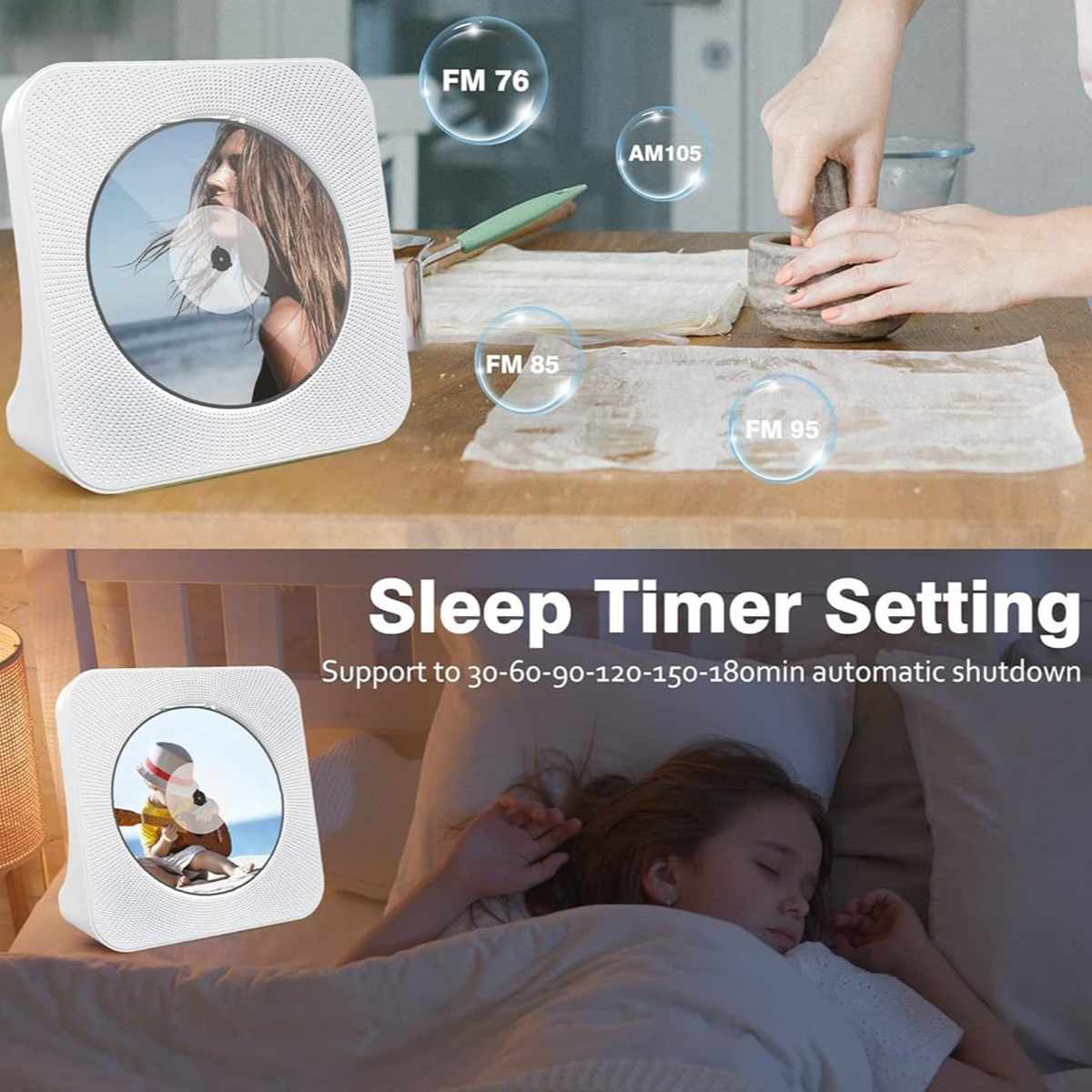 Ein weißer CD-Player auf einem Schreibtisch und ein schlafendes Kind im Bett.