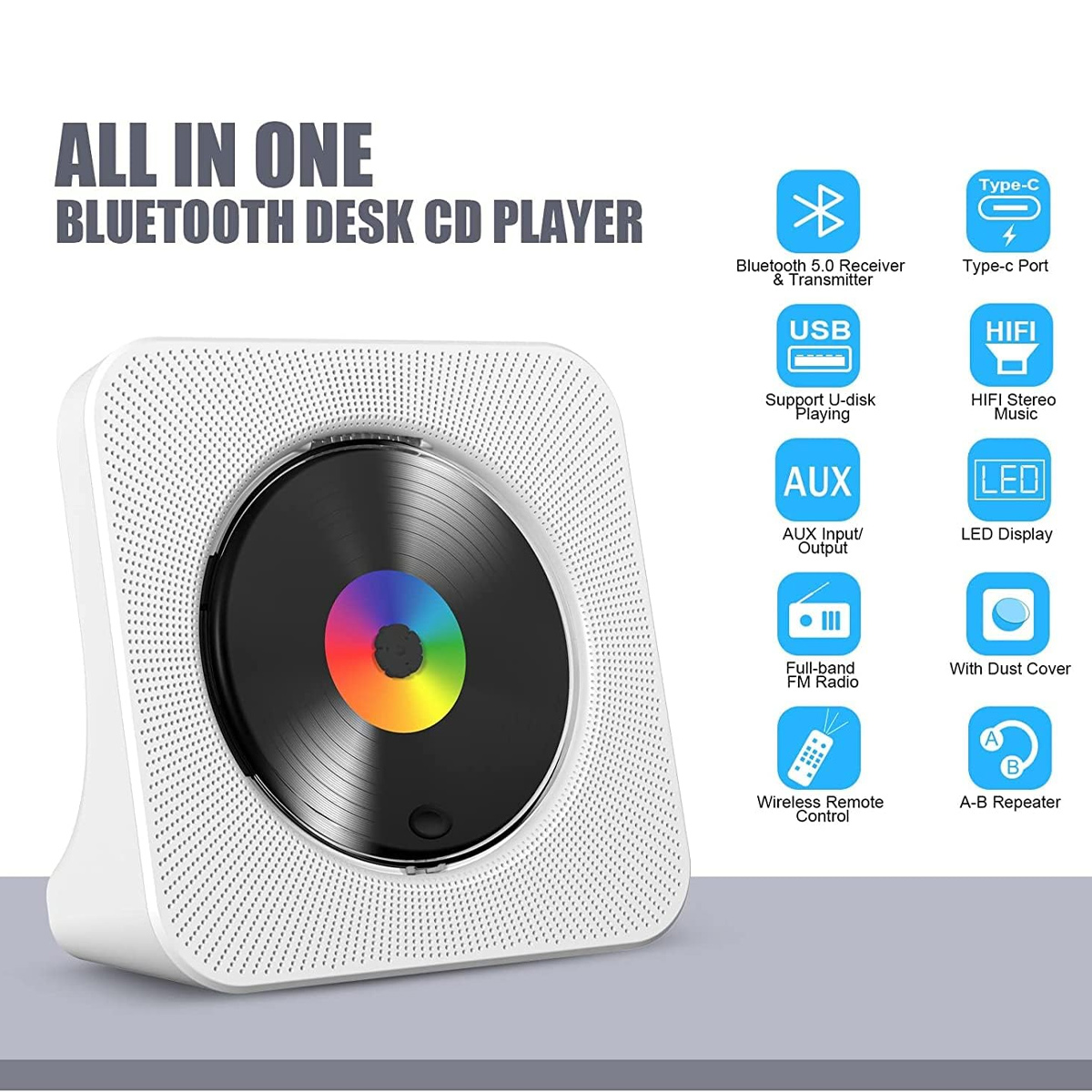 Ein weißer Bluetooth-CD-Player mit verschiedenen Funktionssymbolen rechts auf weißem Hintergrund.