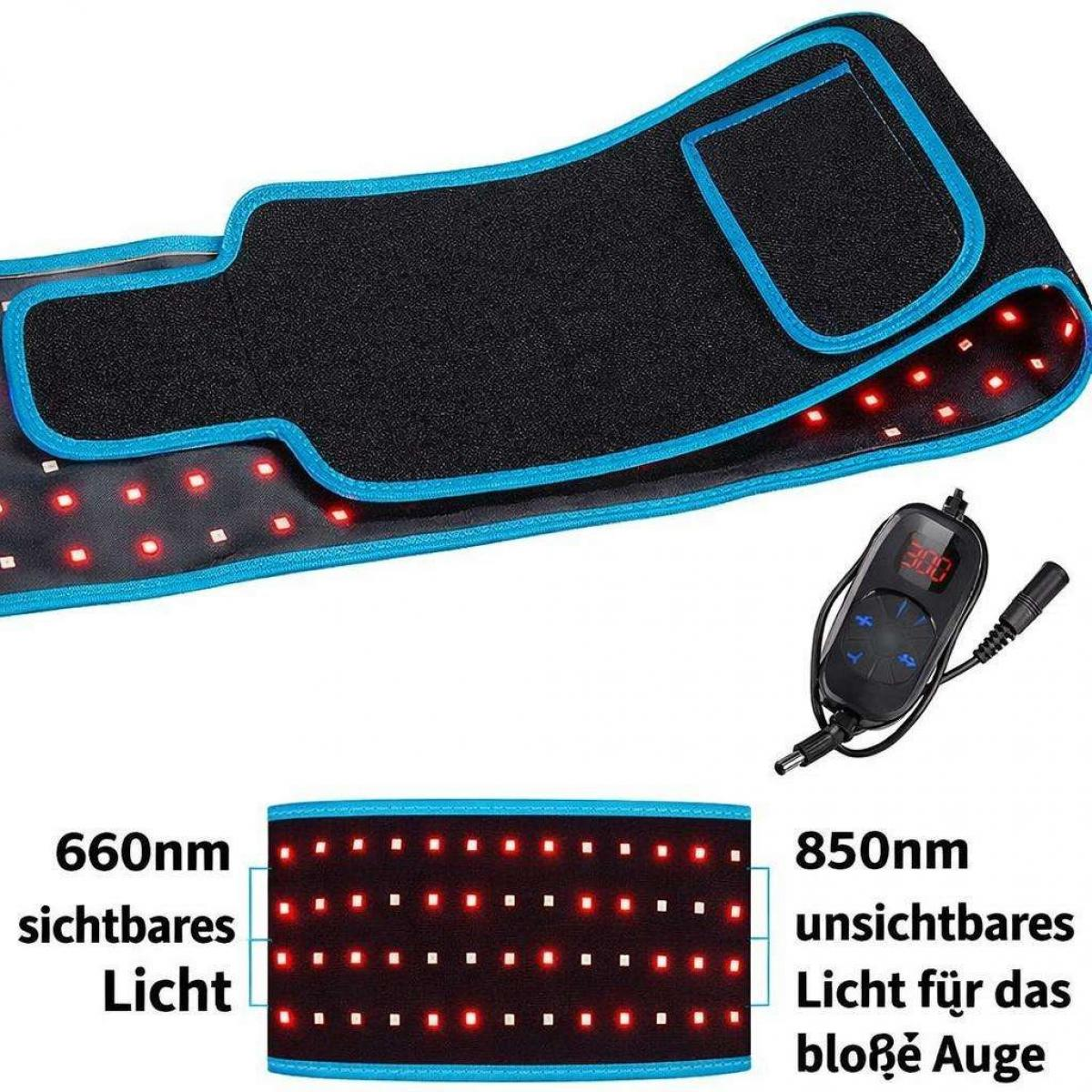 Rotlicht-Therapiegürtel mit blauem Rand, Controller und Erklärungen zu 660nm und 850nm Licht.