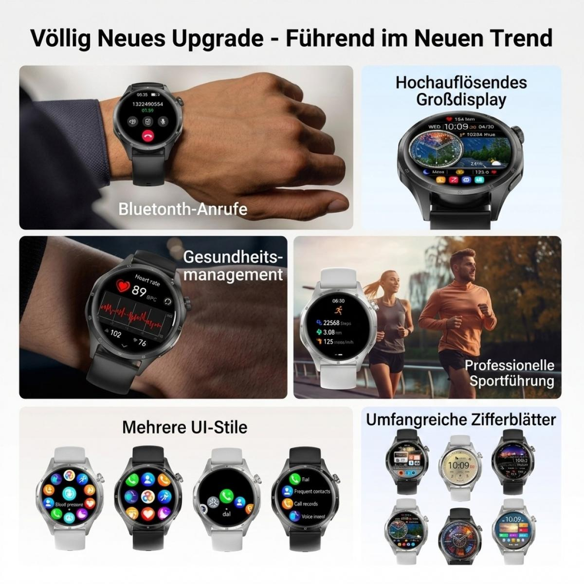 Eine Smartwatch mit Funktionen wie Anrufen, Gesundheit, Sport und verschiedenen Zifferblättern.