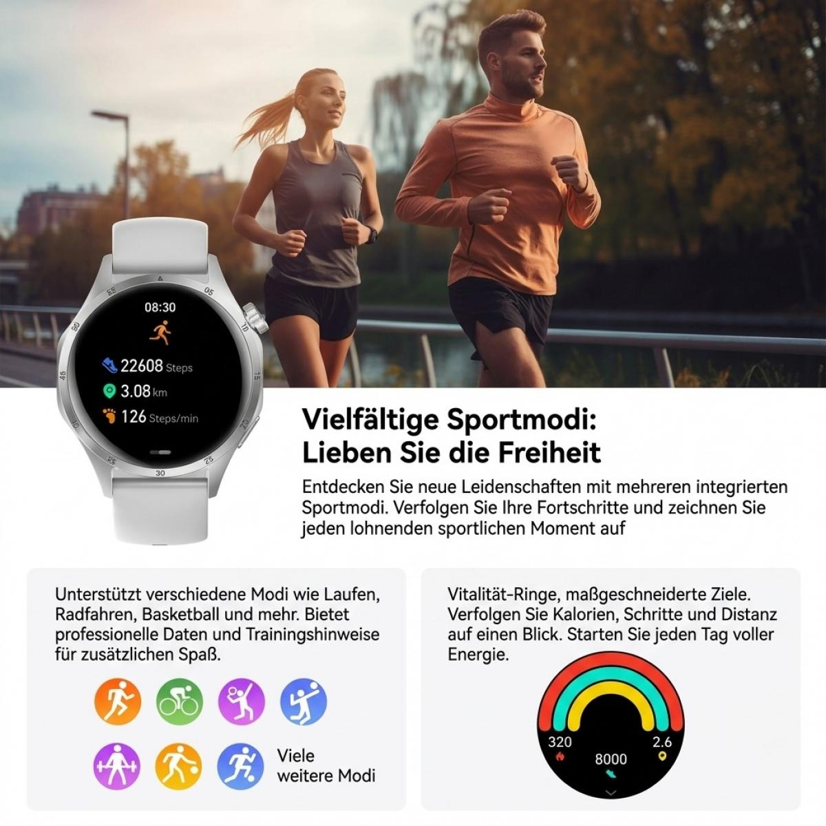 Eine Smartwatch zeigt Fitnessdaten, während im Hintergrund ein Paar im Freien joggt.