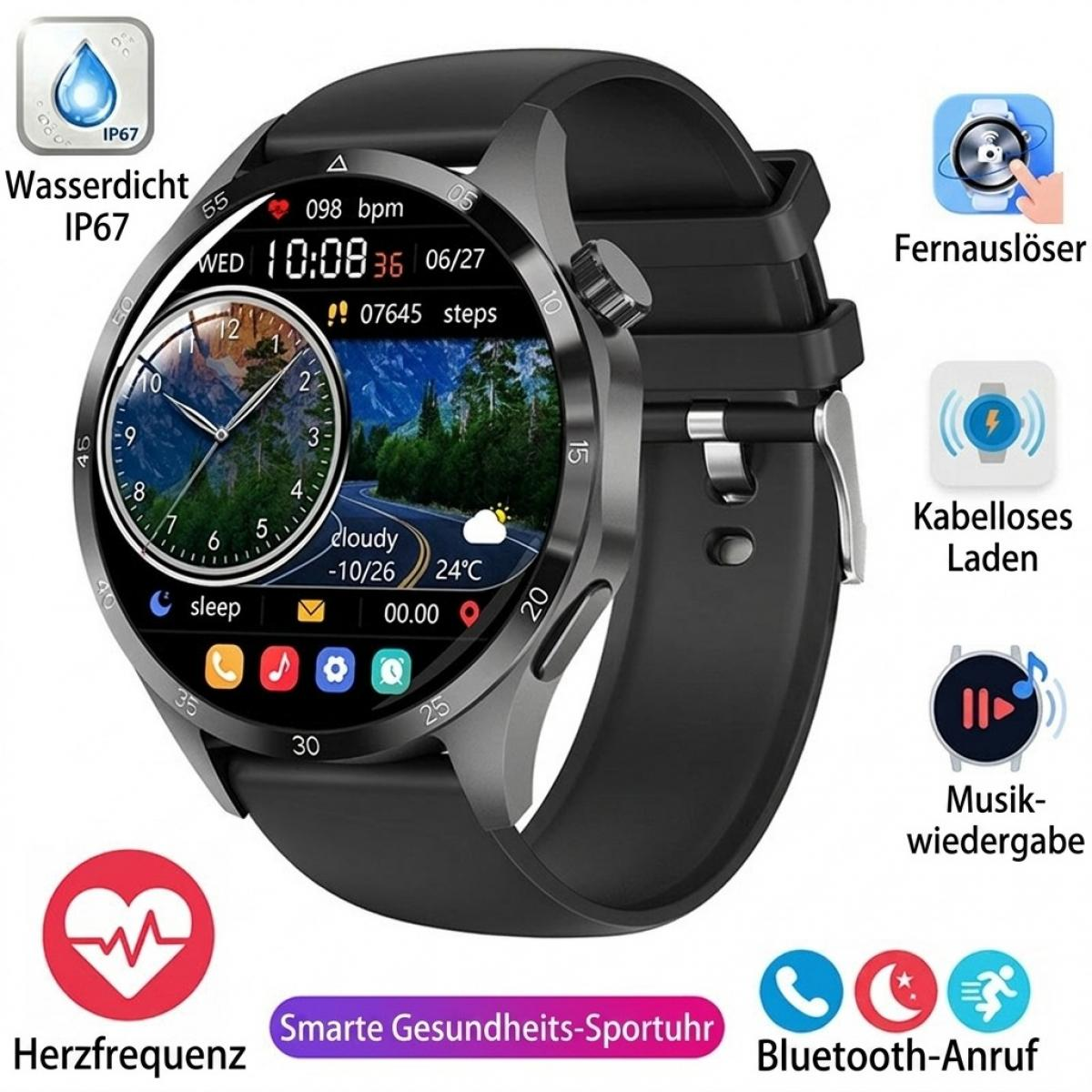 Schwarze Smartwatch mit Herzfrequenzmesser, Schrittzähler und Wetteranzeige, umgeben von Icons mit Funktionen.