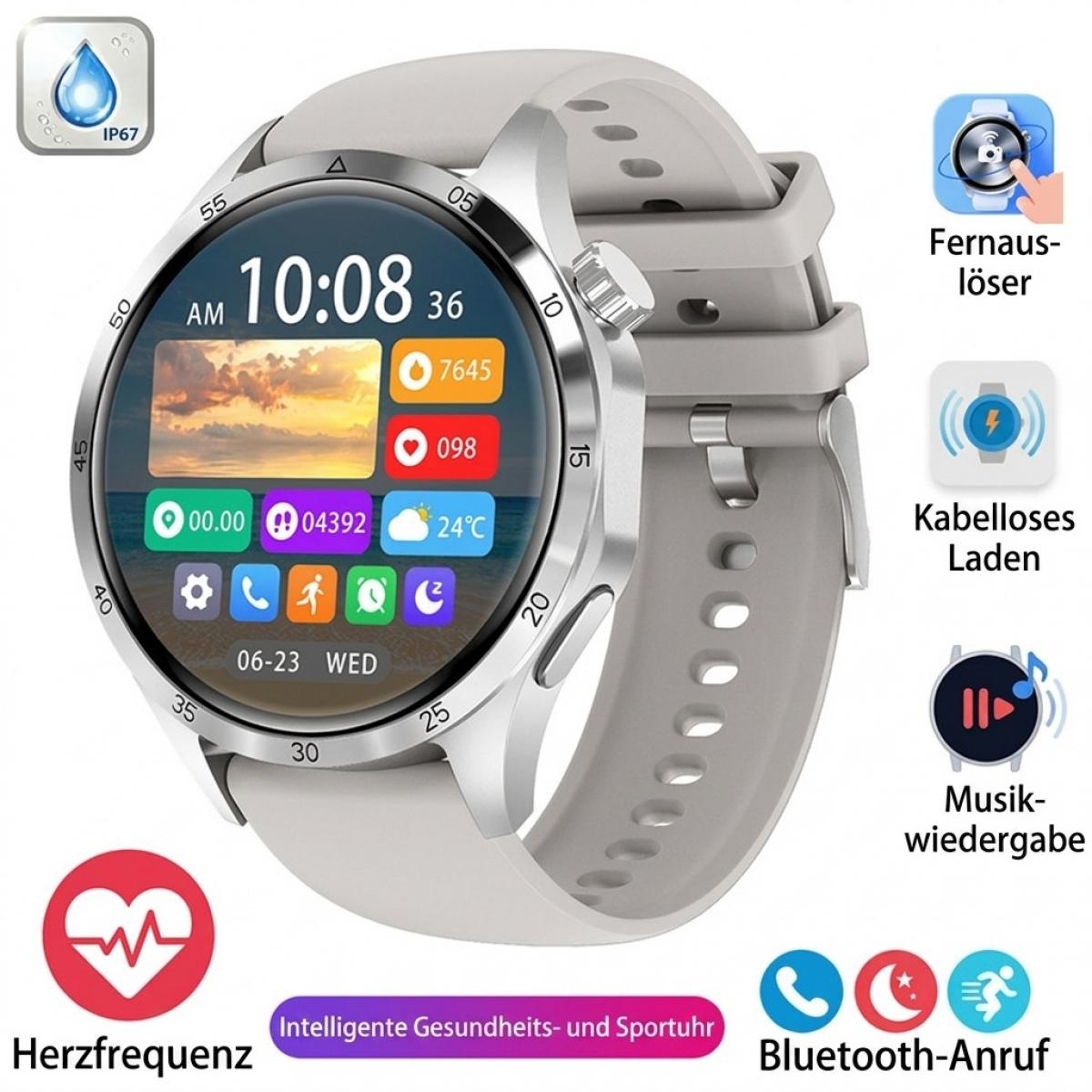 Eine silberne Smartwatch mit grauem Silikonarmband zeigt ein digitales Zifferblatt und Funktionssymbole.