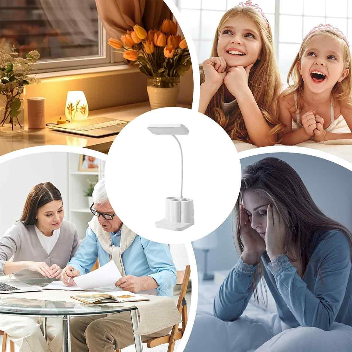 Collage zeigt Schreibtischlampe in der Mitte, umgeben von einem gemütlichen Zimmer, lächelnden Mädchen, Senioren bei Dokumenten und einer Frau mit Kopfschmerzen.
