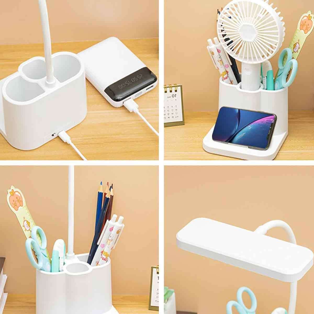 Ein multifunktionaler weißer Schreibtisch-Organizer mit integriertem Ventilator, Stiftehalter, Handyhalterung und Lampe auf einem Holztisch.