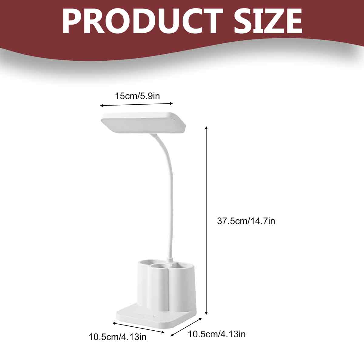 Diagramm mit den Maßen einer weißen Schreibtischlampe mit Stiftehalter: Höhe 37,5 cm, Kopf 15 cm, Fuß 10,5 cm.