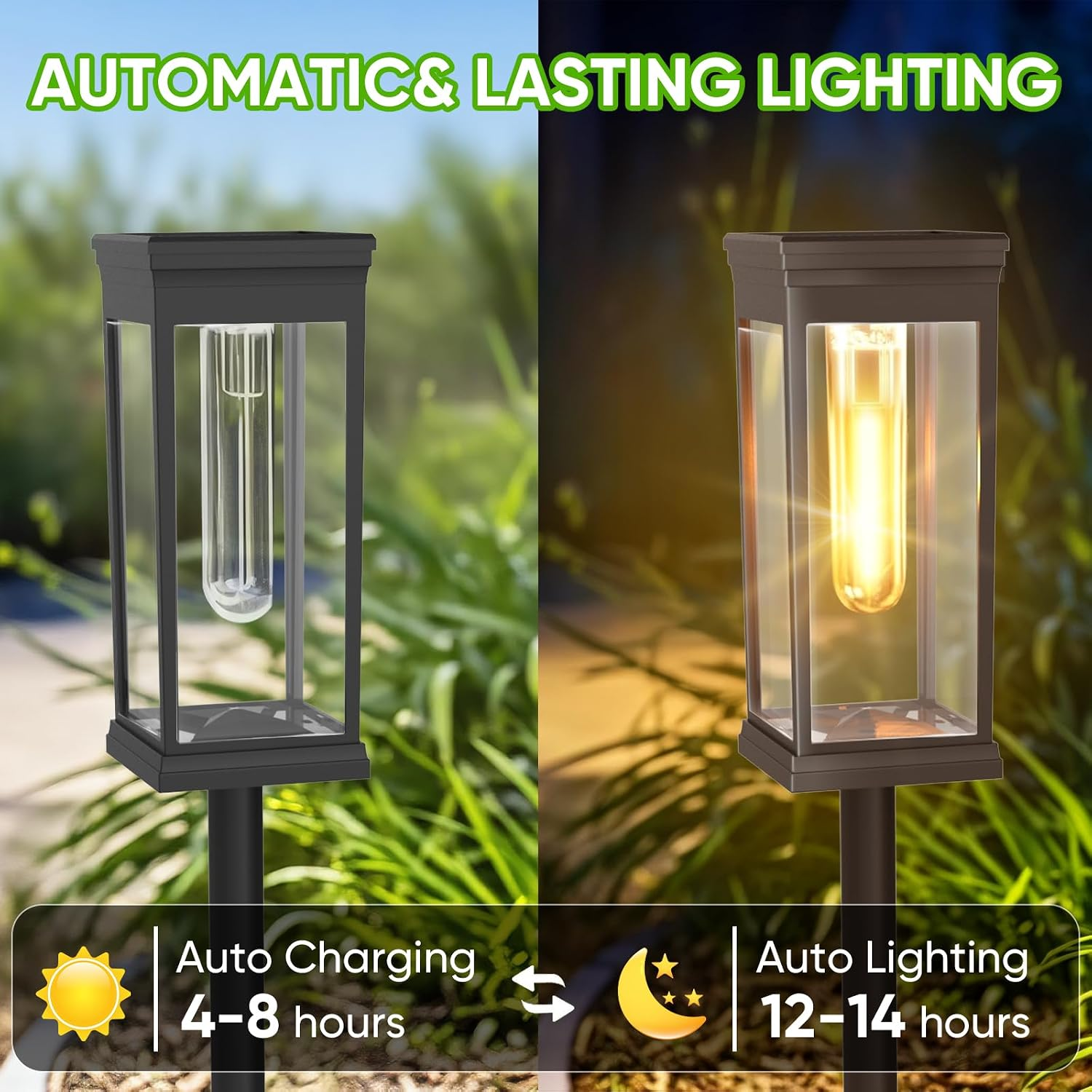 Solar-Gartenleuchte lädt tagsüber auf und leuchtet nachts automatisch warm.
