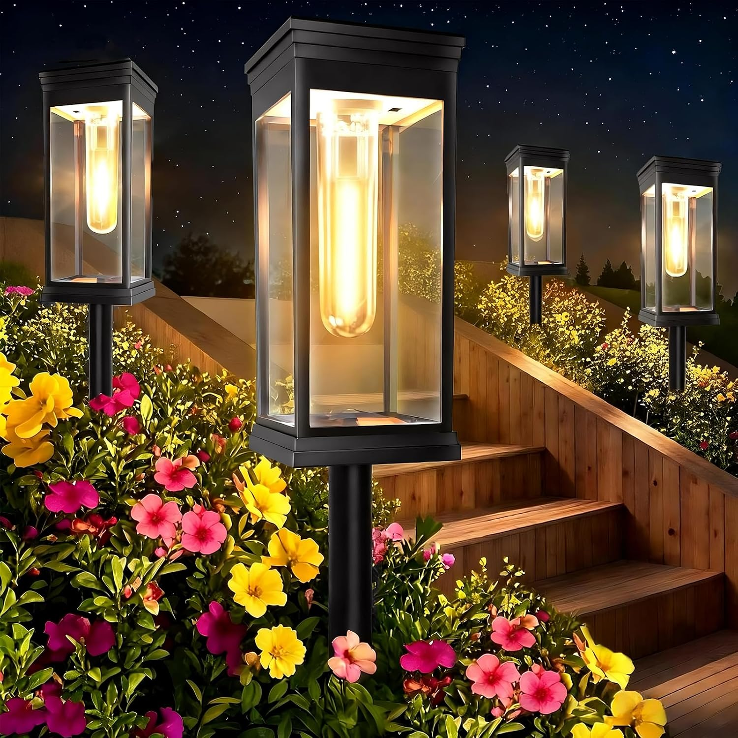 Vier beleuchtete Solarleuchten stehen nachts im Garten neben einer Holztreppe.