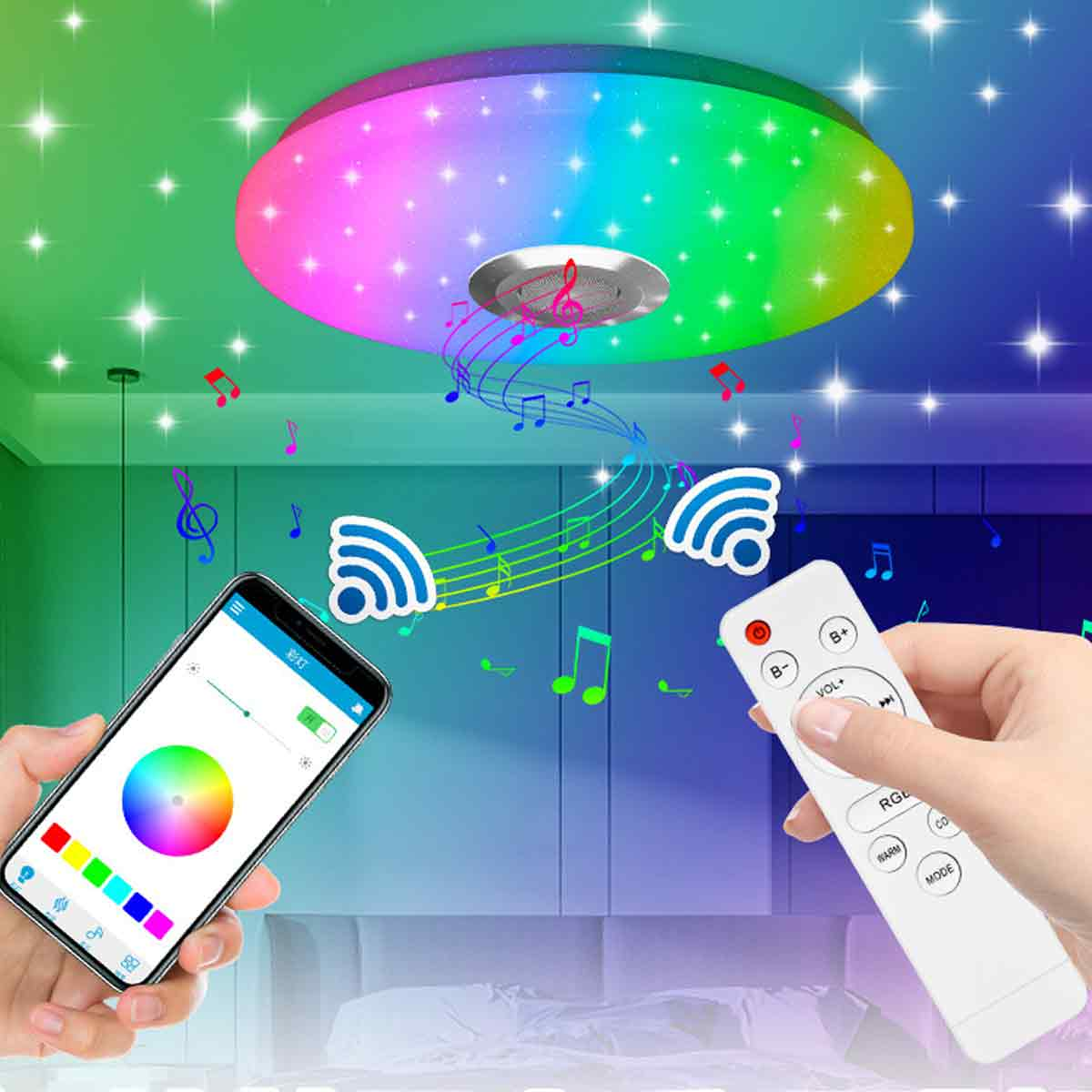 Bunte LED-Deckenlampe mit Musiksymbolen, gesteuert per Smartphone und Fernbedienung im Schlafzimmer.