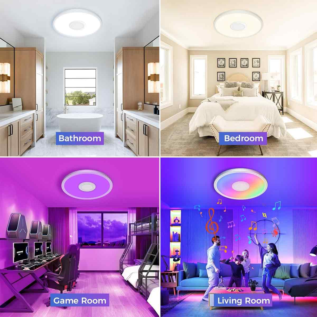 Vier Räume mit vielseitiger Beleuchtung: helles Bad, warmes Schlafzimmer, lila Spielzimmer und buntes Wohnzimmer.