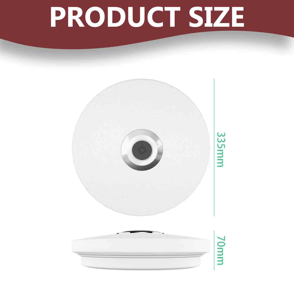 Produktgröße Diagramm zeigt einen runden weißen Deckensensor mit einem Durchmesser von 335mm und einer Höhe von 70mm.