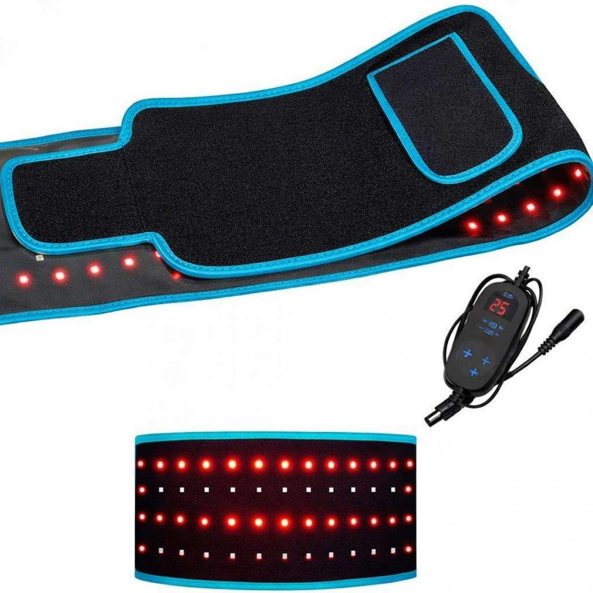 Schwarzer Therapieguertel mit blauer Umrandung, roten LED-Leuchten und einem schwarzen Bedienteil.