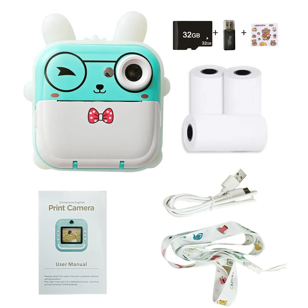 Türkisblaue Kinderkamera mit Hasenohren, Zubehör wie 32GB SD-Karte, USB-Kabel, Papierrollen und Handbuch.