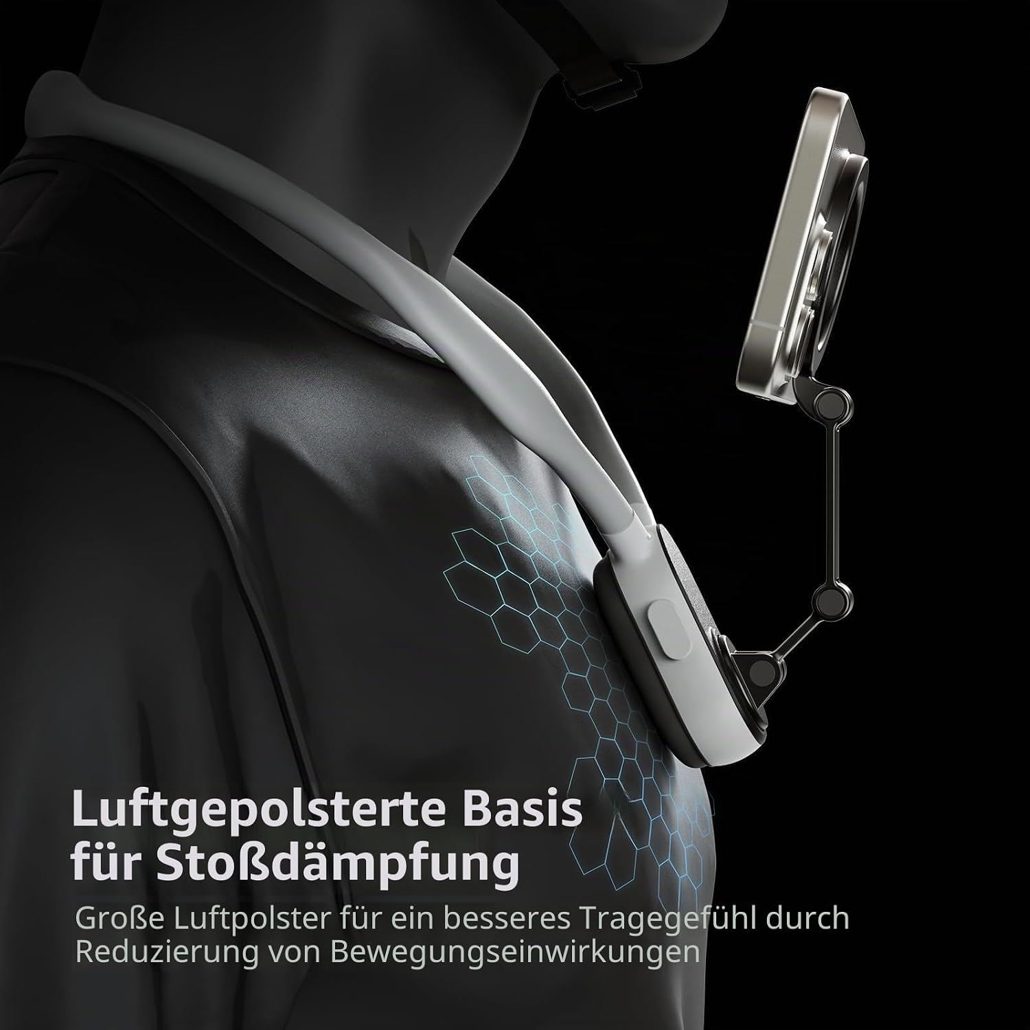 Eine Person trägt eine graue Nackenhalterung mit Smartphone, vor schwarzem Hintergrund mit deutschem Text.