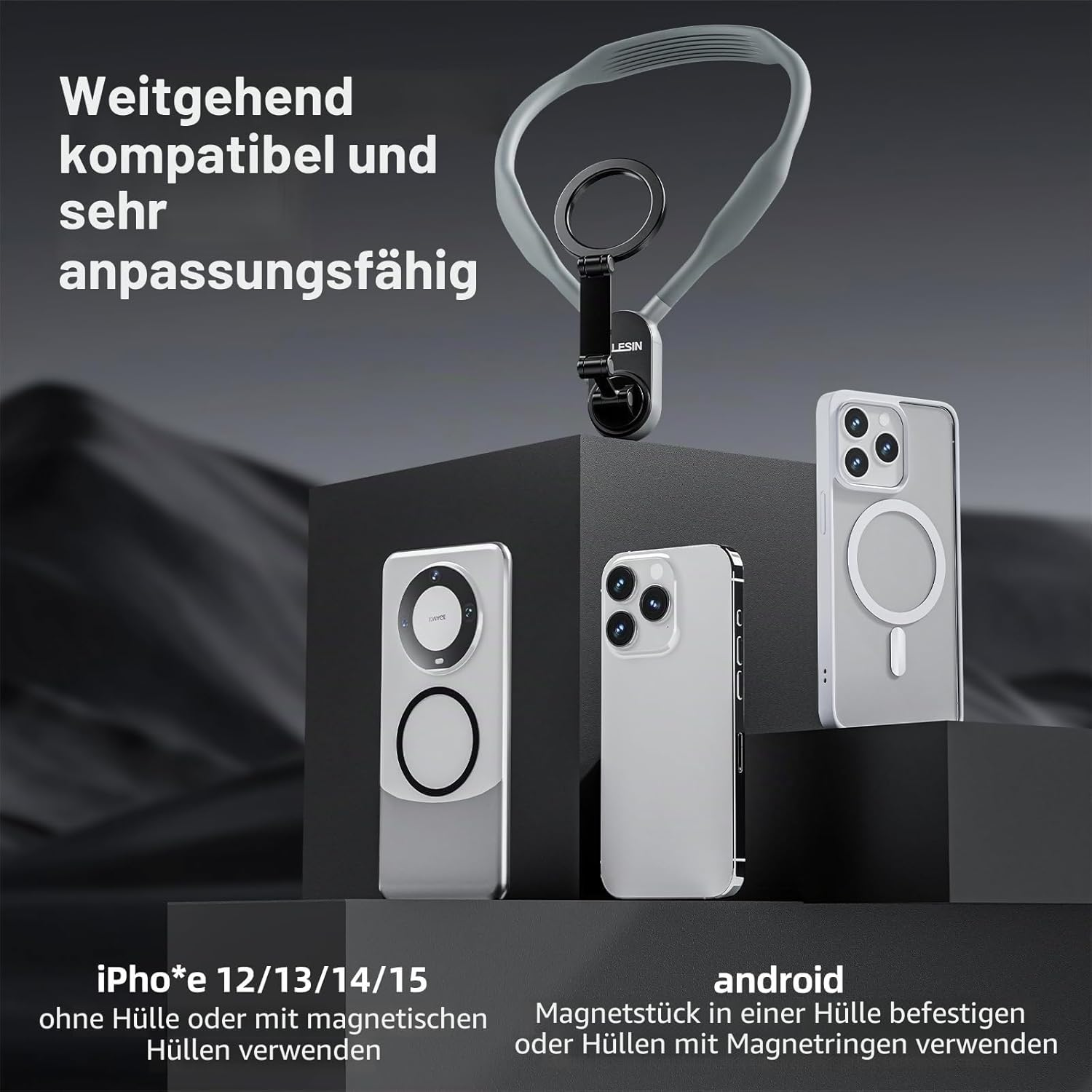 Handyhüllen und magnetisches Umhängeband auf dunklem Podest mit deutschem Text.