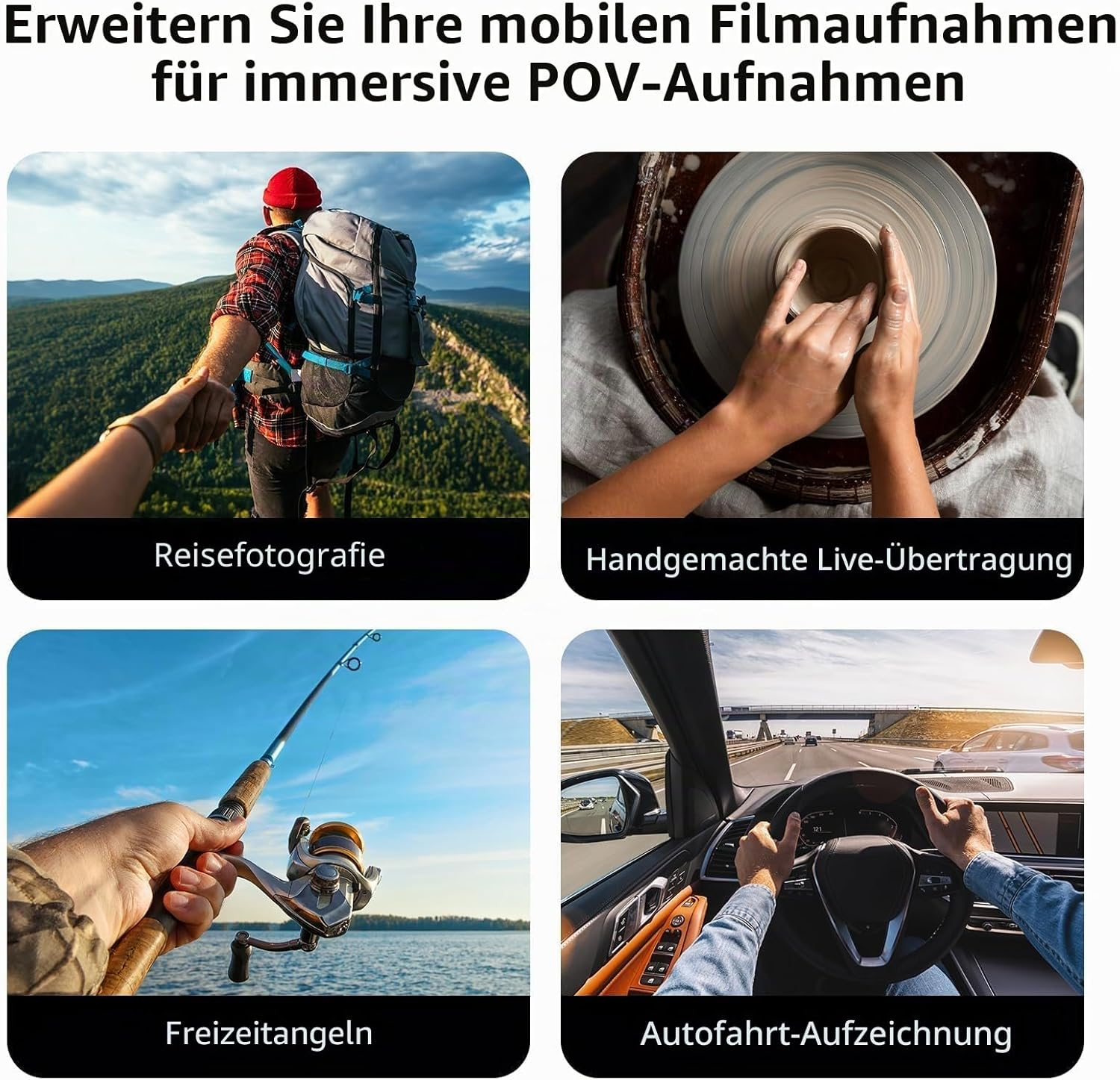 Vier Felder zeigen POV-Aktivitäten: Wandern, Töpfern, Angeln und Autofahren.