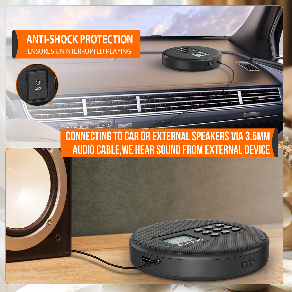 Ein tragbarer CD-Player, der an ein Autoradio und externe Lautsprecher angeschlossen ist.