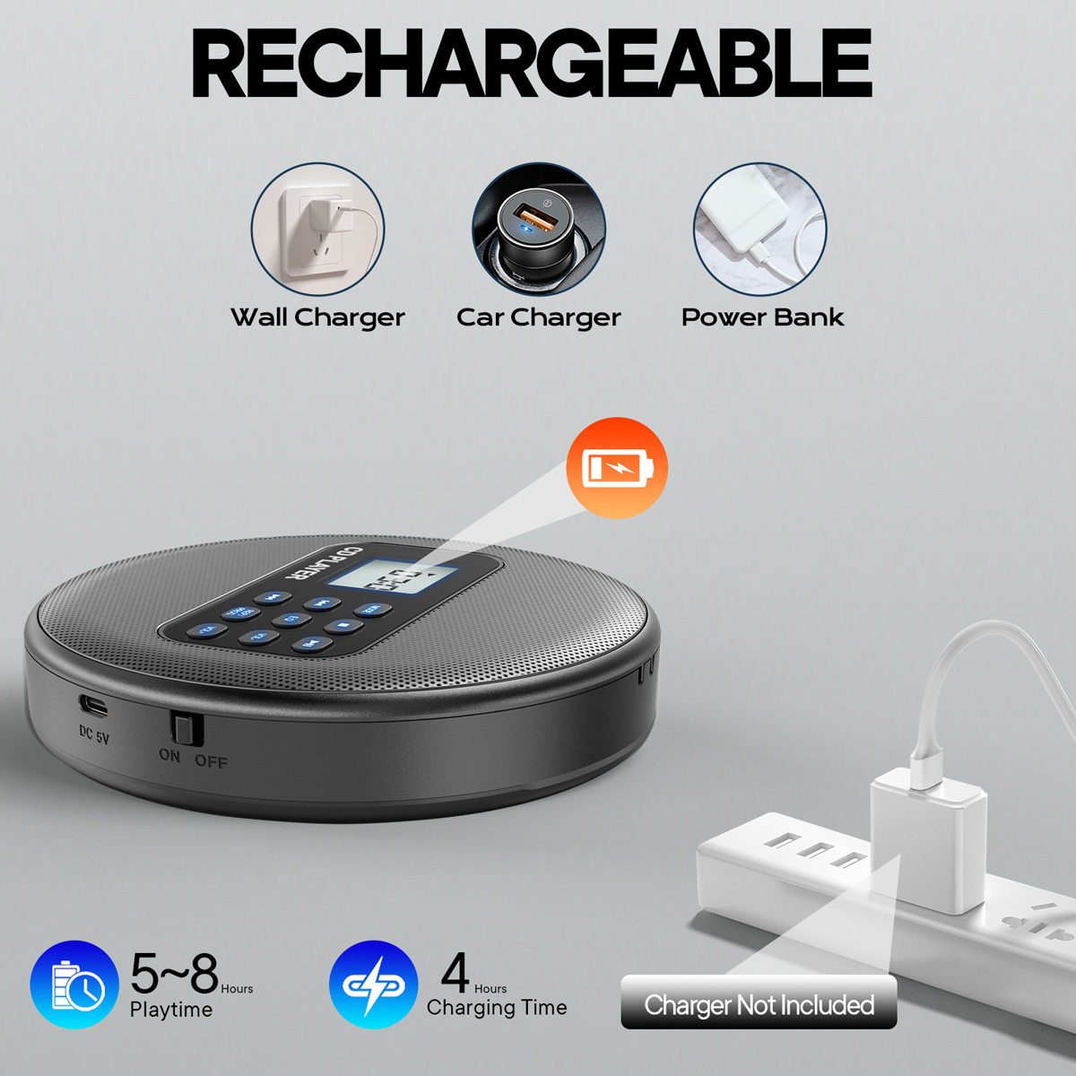 Wiederaufladbarer CD-Player mit Anzeige für Wandladegerät, Autoladegerät und Powerbank.