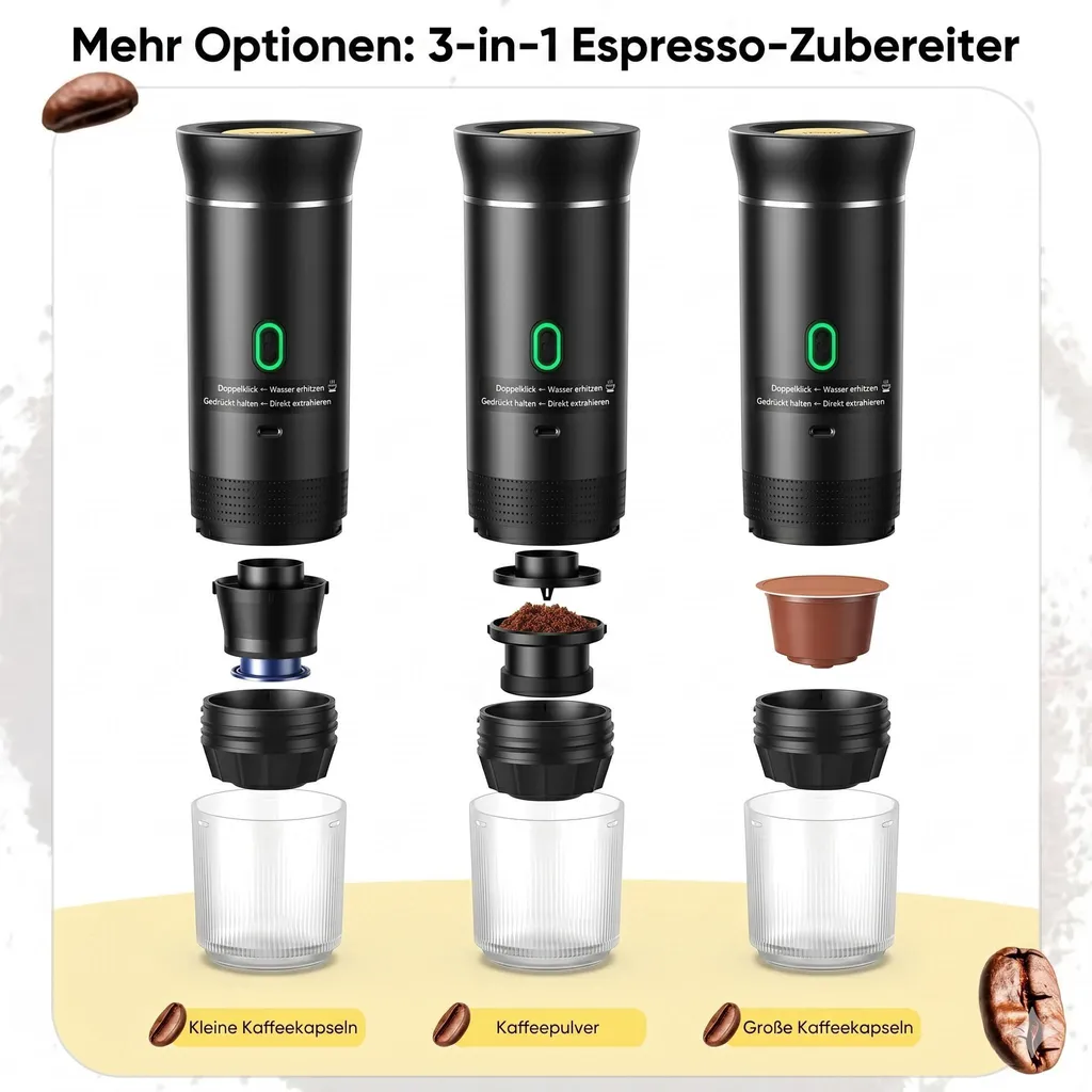 Drei schwarze 3-in-1-Espressomaschinen mit kleinen Kapseln, Kaffeepulver, großen Kapseln und Gläsern.