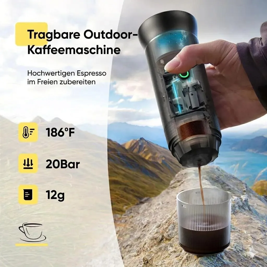 Eine tragbare Kaffeemaschine brüht Espresso in einer Berglandschaft, mit Spezifikationen und einem transparenten Becher.