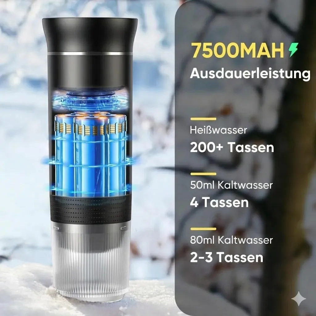 Tragbare Kaffeemaschine mit integriertem Akku für 7500mAh im Schnee, mit Text zur Kapazität.