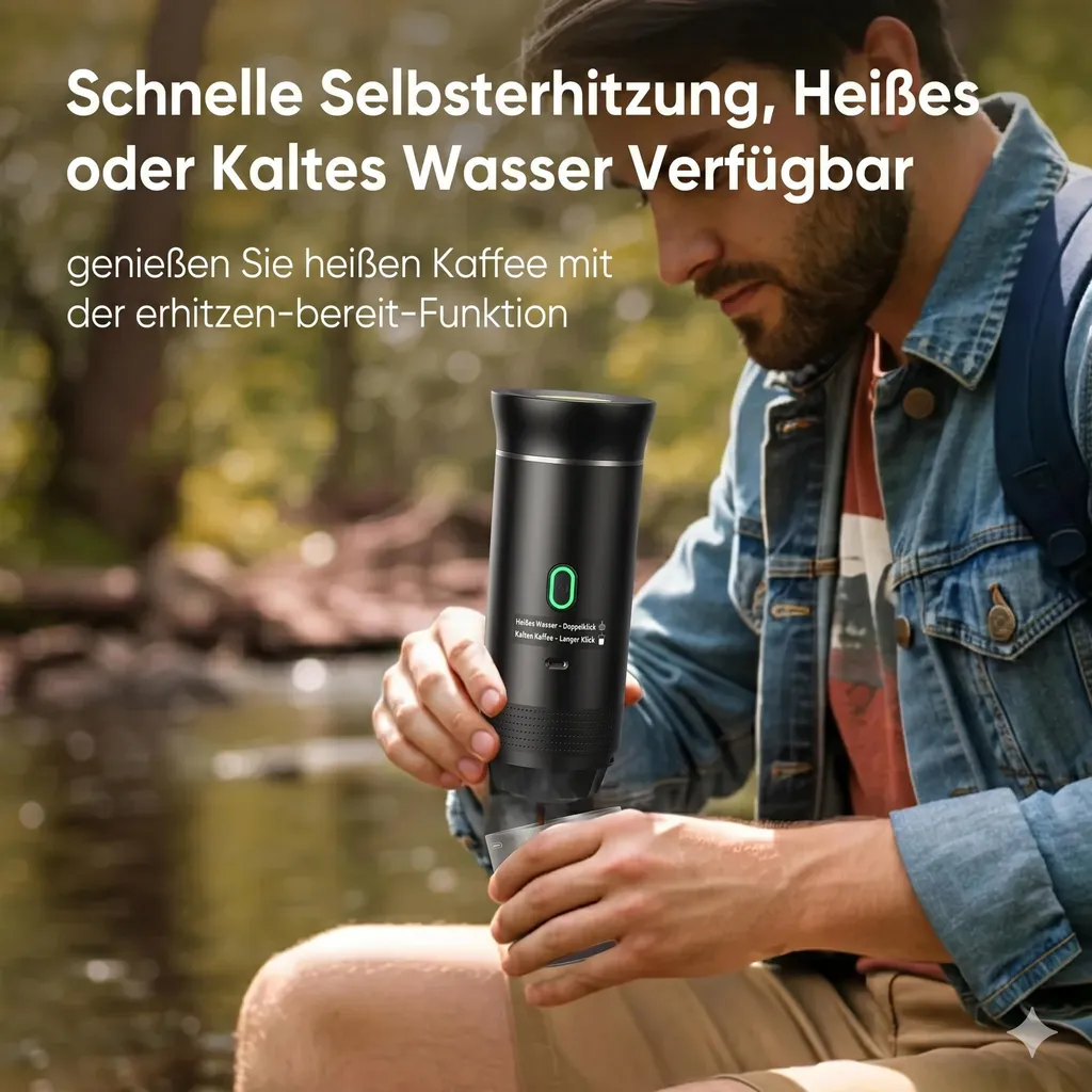 Ein Mann in Jeansjacke nutzt einen tragbaren schwarzen Kaffeebereiter am Fluss, mit deutschem Text.