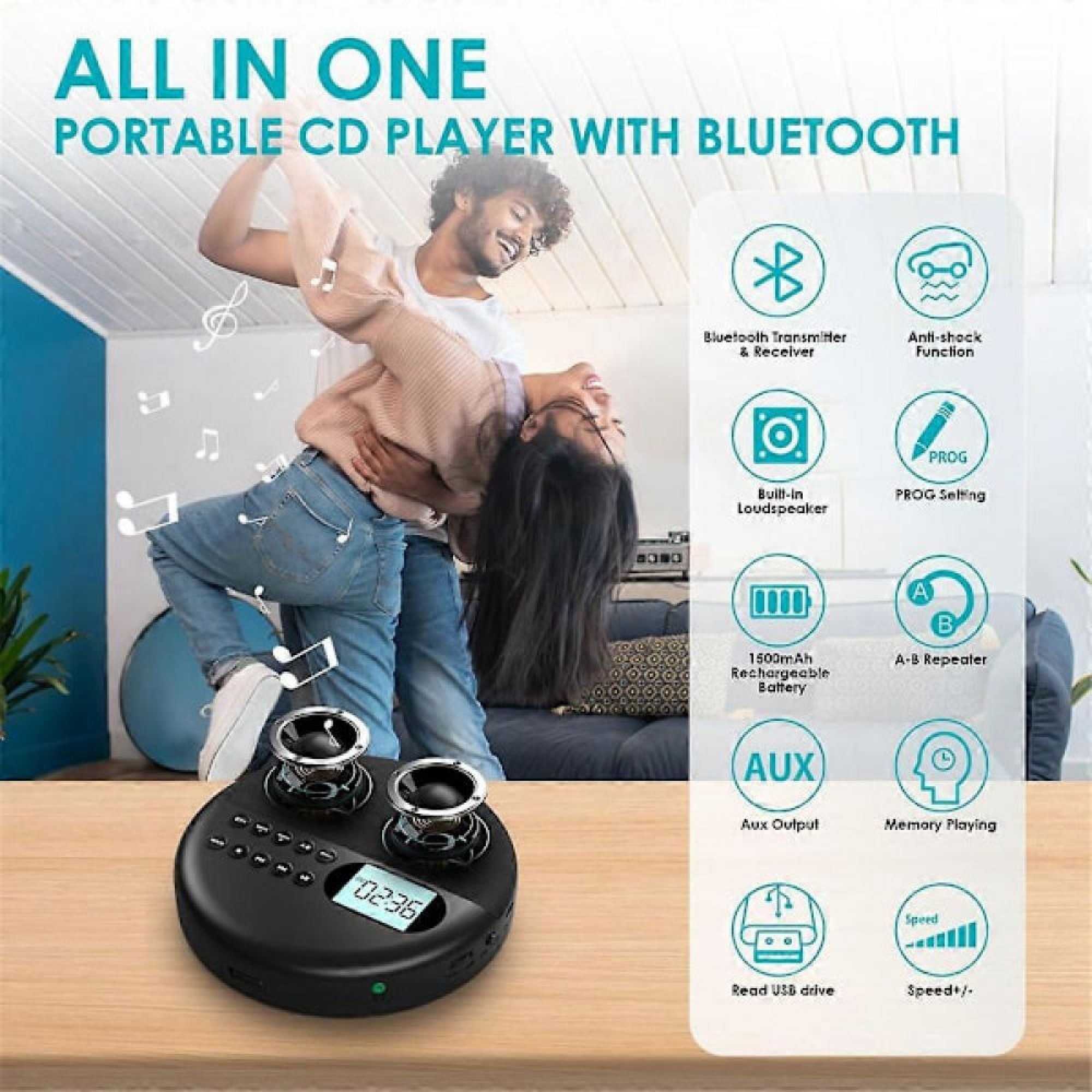 Ein Paar tanzt fröhlich neben einem CD-Player mit Bluetooth-Funktionen auf dem Tisch.