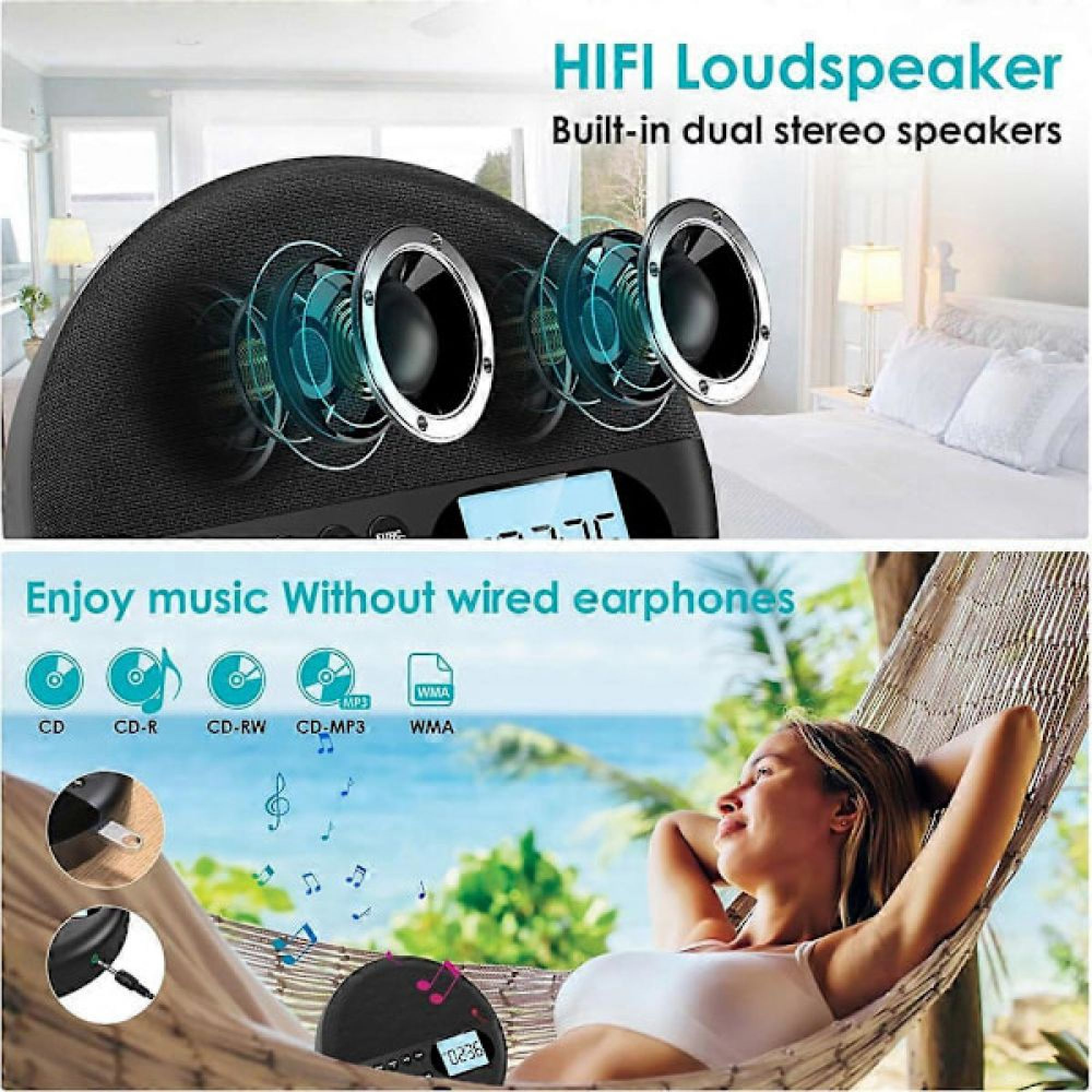 Ein schwarzer HIFI-Lautsprecher mit Stereolautsprechern, gezeigt in einem Schlafzimmer und einer Hängematte.