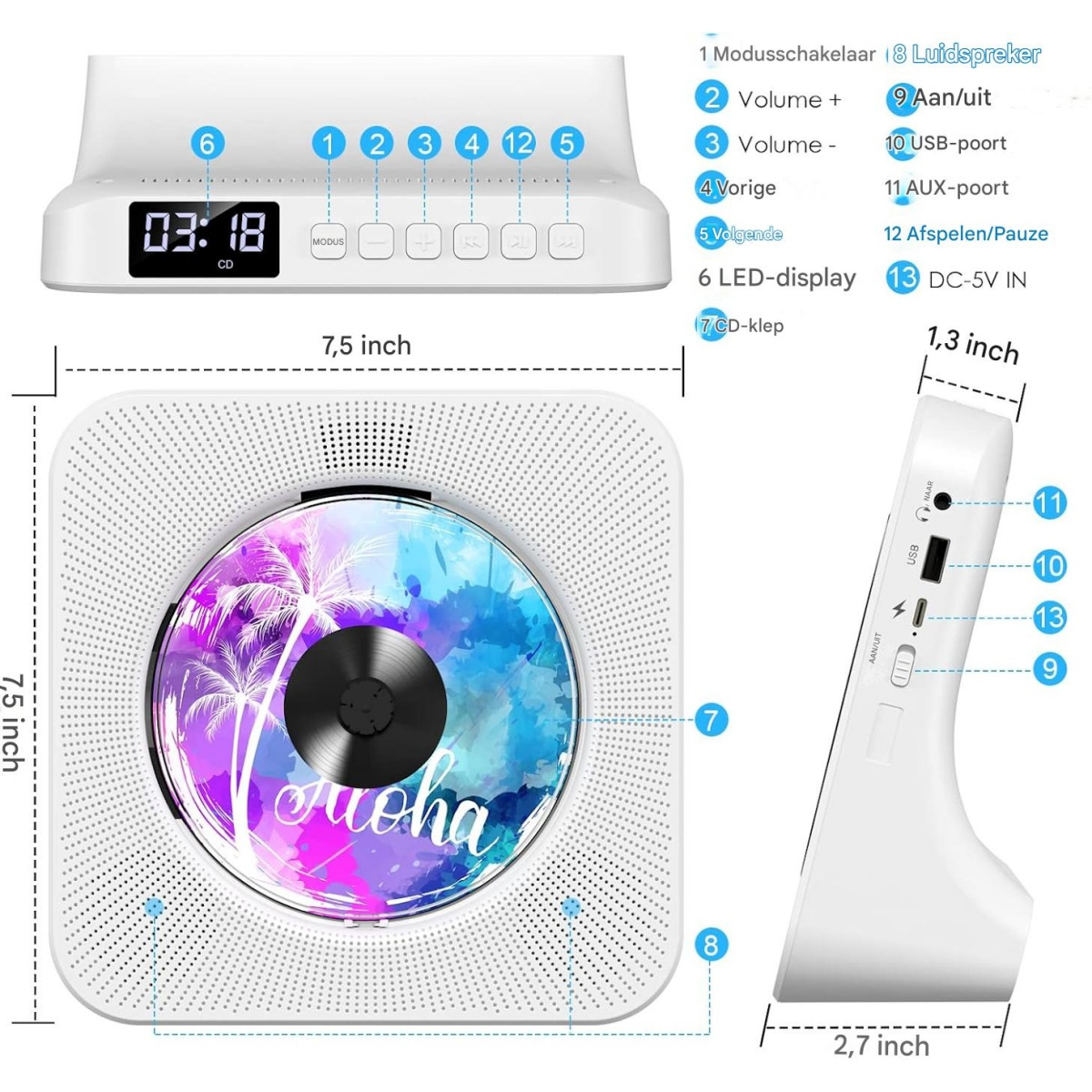 Ein weißer CD-Player mit numerischen Bedienelementen, Maßen und nummerierten Erklärungen auf Niederländisch.