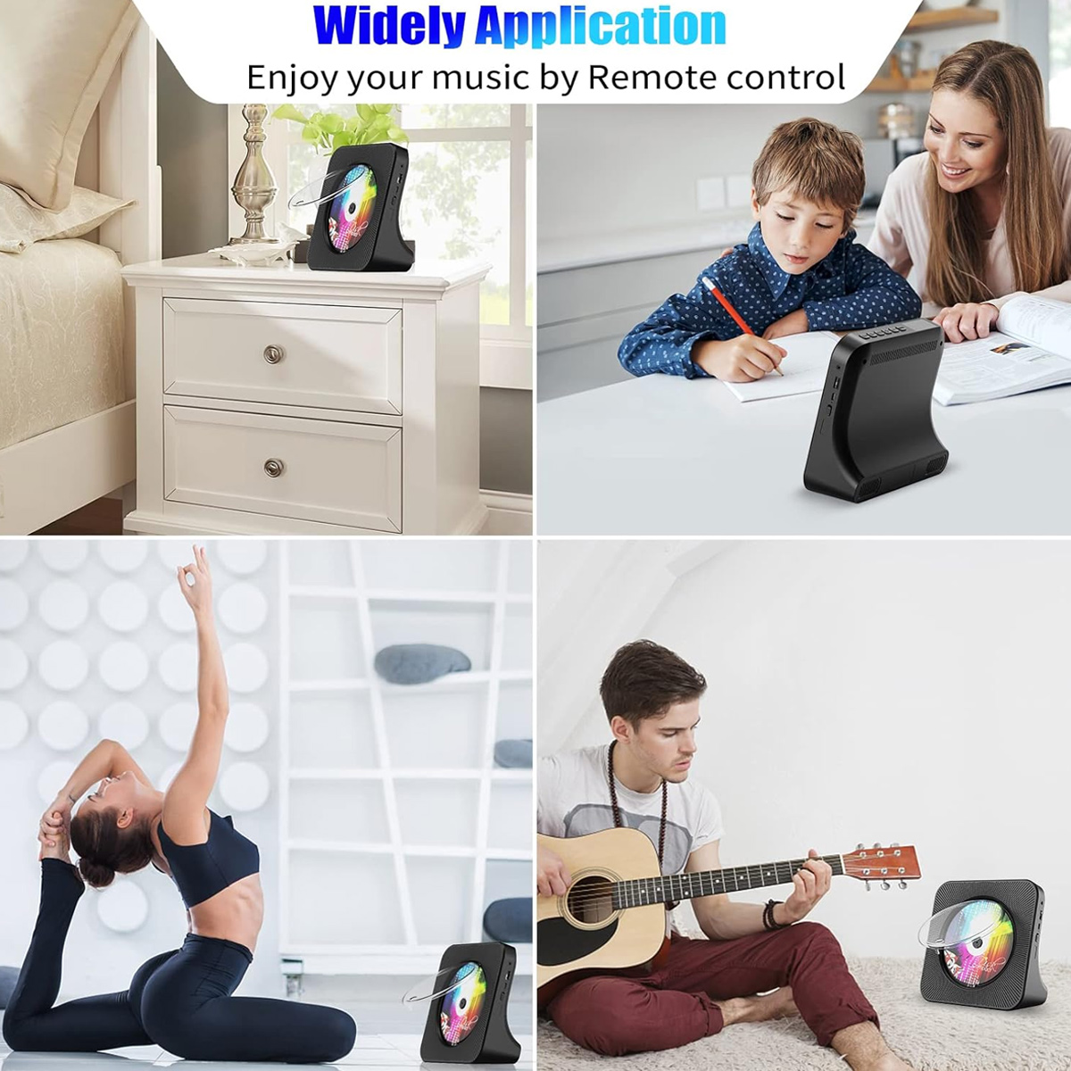 Vier Bilder zeigen den schwarzen CD-Player in verschiedenen Umgebungen wie Schlafzimmer, Küche, Yoga-Raum und Wohnzimmer.