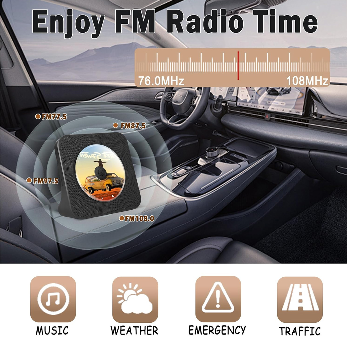 Ein schwarzer tragbarer Lautsprecher im Auto mit Radiofrequenzwellen, Textüberlagerung und vier App-Symbolen unten.