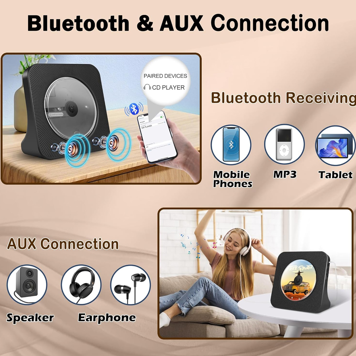Bluetooth-CD-Player mit Smartphone-, MP3- und Tablet-Verbindung sowie AUX-Ausgang.