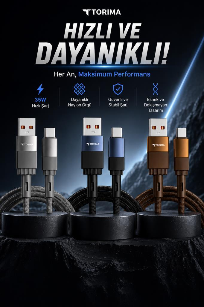 Koyu kaya üzerinde metin ve simgelerle gri, mavi ve bakır renkli üç Torima USB kablosu.