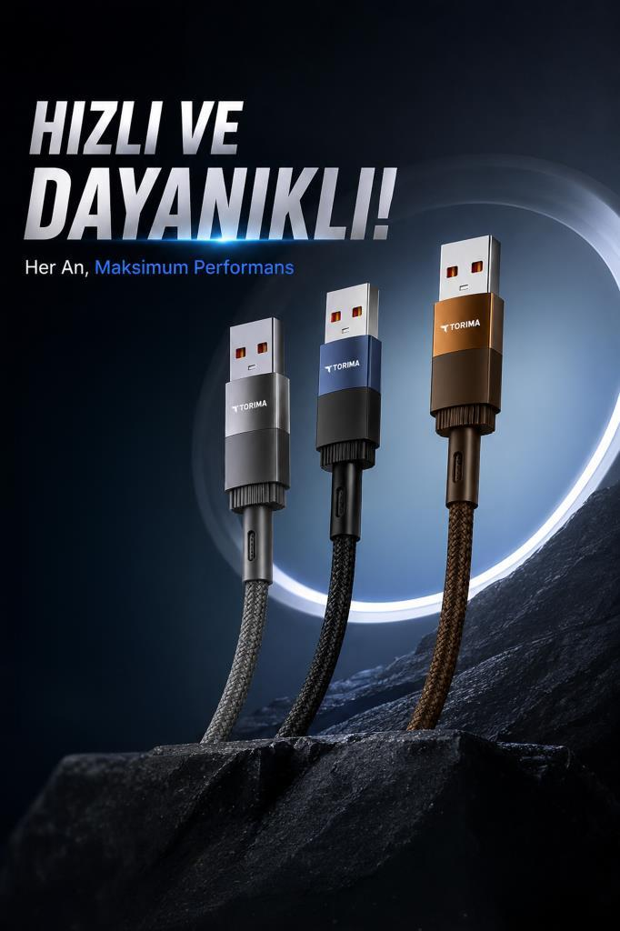 Mavi ışık önünde kayalık bir zeminde duran gümüş, mavi ve kahverengi üç USB kablosu.