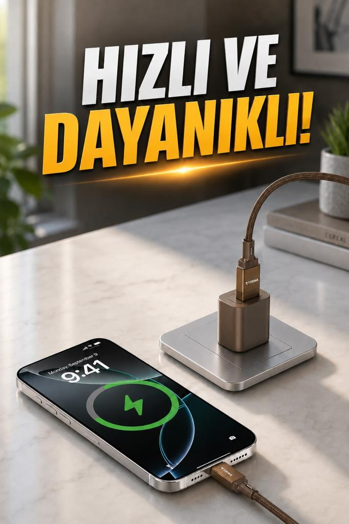 Şarj standı ve örgülü kabloyla masada şarz olan telefon. Üstte hızlı ve dayanıklı yazıyor.