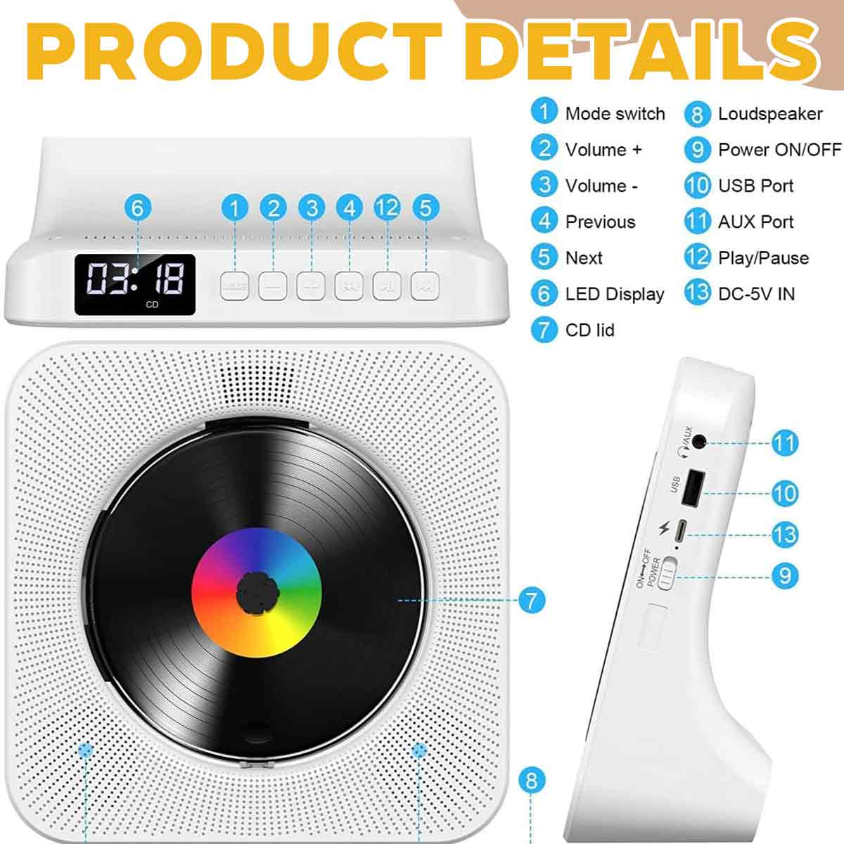 Diagramm zeigt die Produktdetails und Tastenbelegung eines weißen CD-Players.
