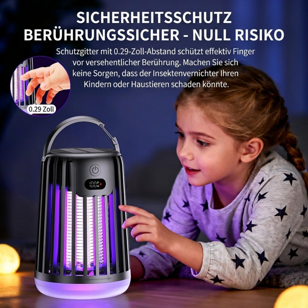Ein junges Mädchen zeigt auf einen sicheren, schwarzen Insektenvernichter mit violettem Licht.