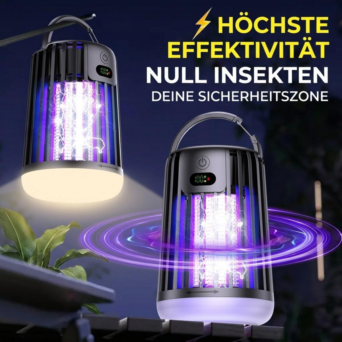 Zwei schwarze elektrische Insektenvernichter mit violettem UV-Licht und weißem Sockel vor dunklem Hintergrund.