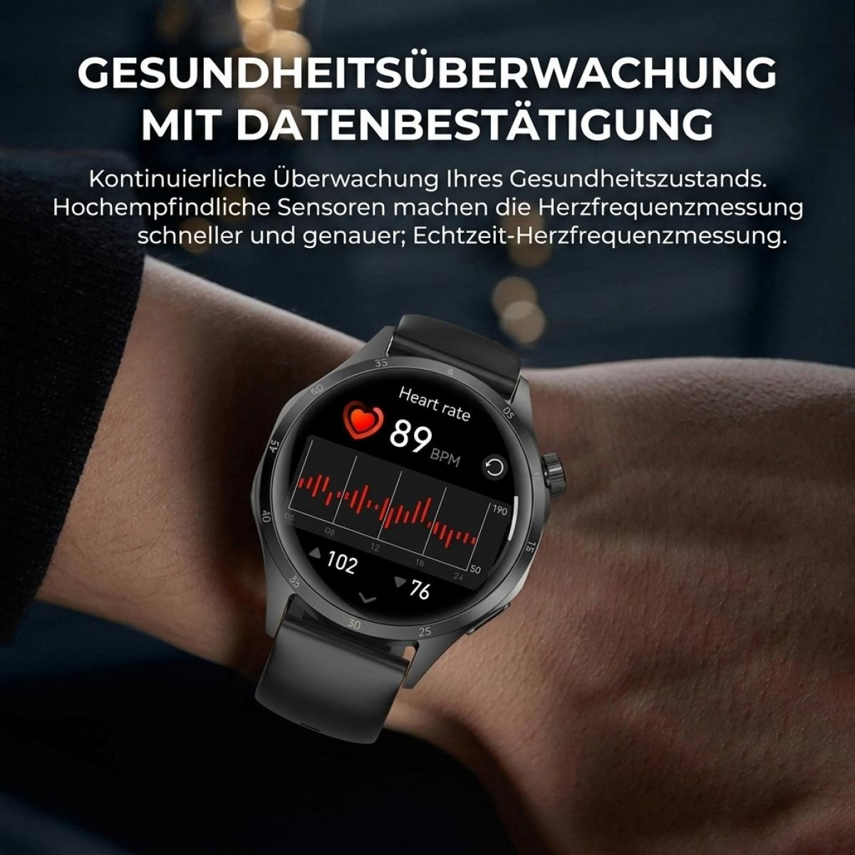 Gesundheitsüberwachung mit Smartwatch auf einem Arm, die Herzfrequenz und EKG-Daten anzeigt.
