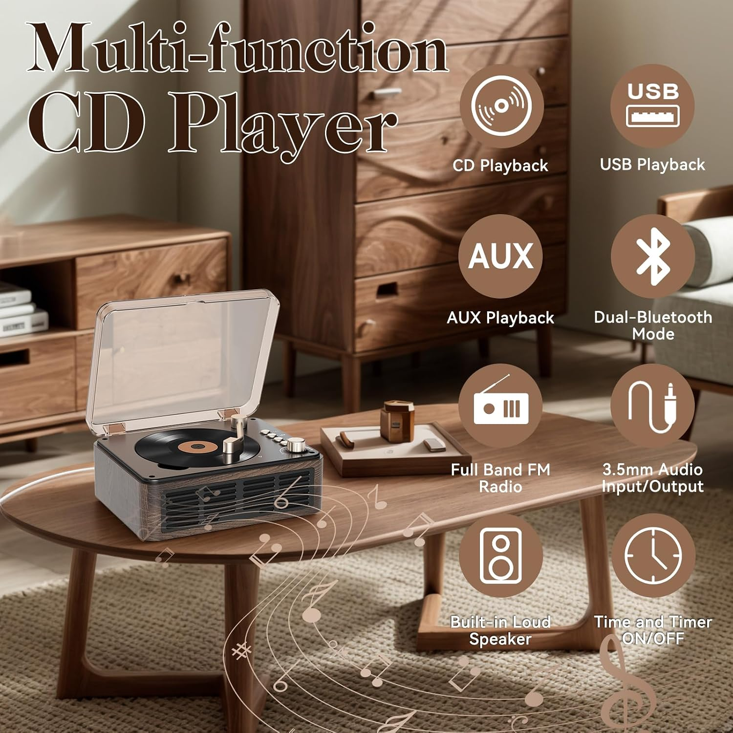 Ein Multifunktions-CD-Player auf einem Holztisch mit Symbolen für Bluetooth, USB und weitere Funktionen.