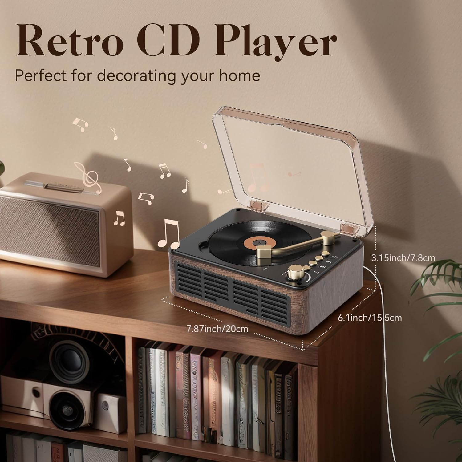 Ein Retro-CD-Player und ein Lautsprecher auf einem Holztisch, umgeben von Noten.