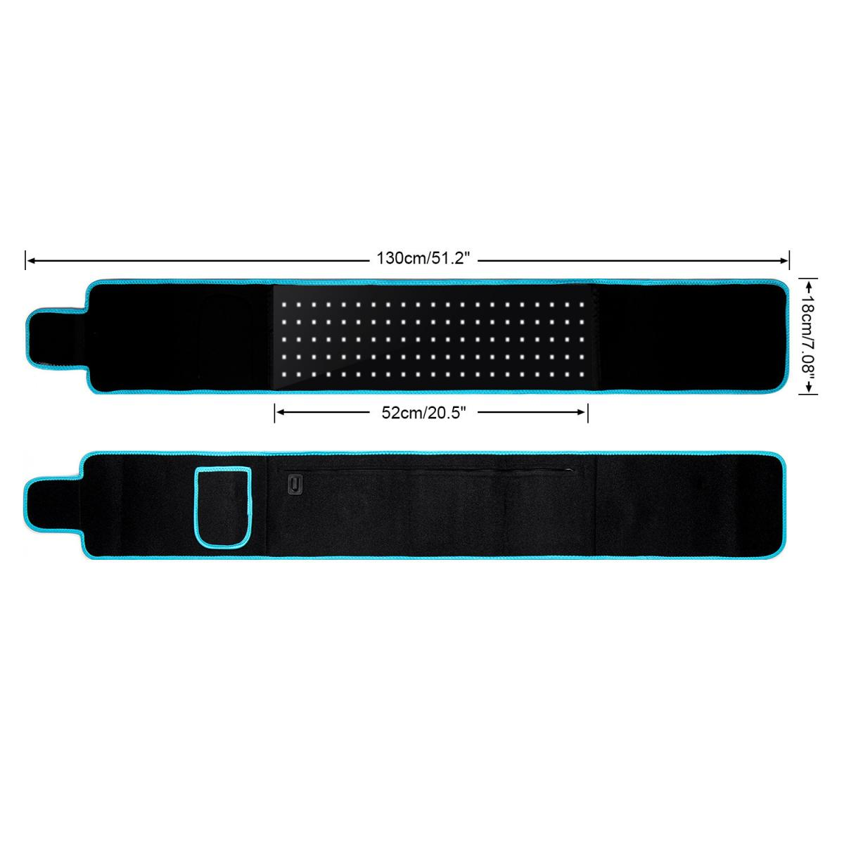 Schwarzer Infrarot-Gürtel mit blauer Umrandung und LED-Punkten, Länge 130 cm, Höhe 18 cm, mit Maßen.