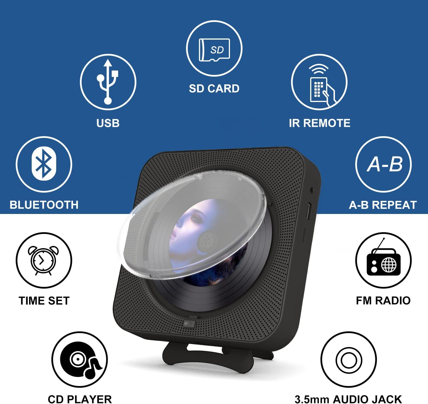 Ein schwarzer CD-Player mit runder Schutzhülle und umgebenden Icons für Bluetooth, USB, SD-Karte und mehr.