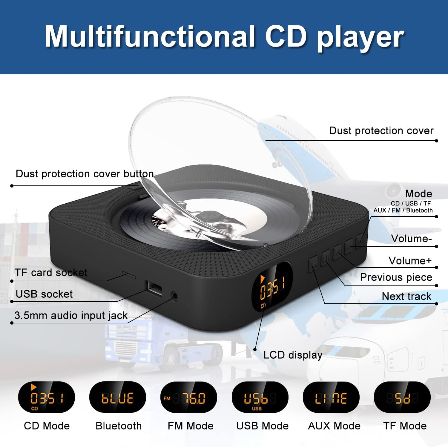 Ein schwarzer Multifunktions-CD-Player mit Beschriftungen für Tasten, Anschlüsse, LCD-Display und Modi.