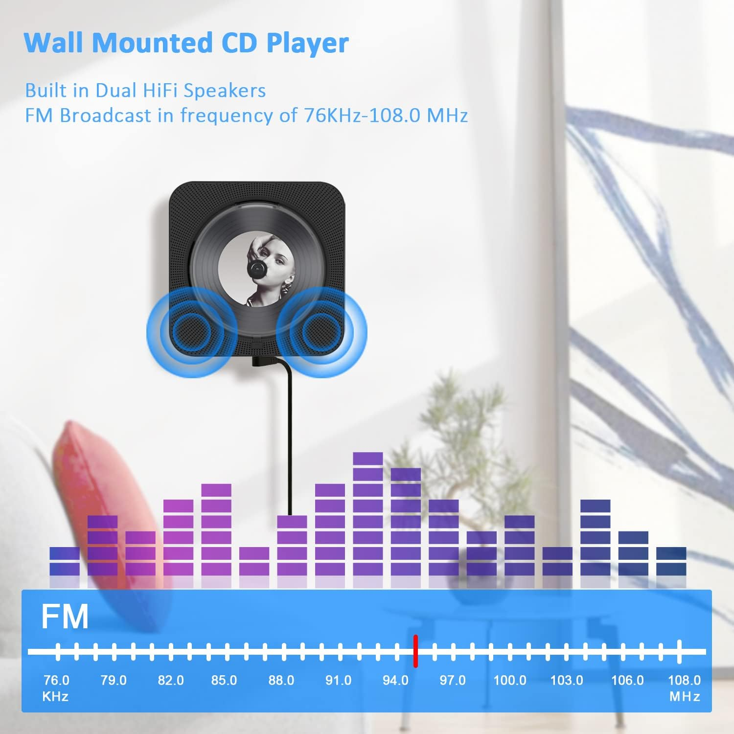 Wandmontierter CD-Player mit Dual-HiFi-Lautsprechern, FM-Radio und digitaler Frequenzanzeige.